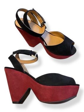 Sandro H12 Abracadabra Suede Platform Sandals Colorblock Graphic Ankle Strap